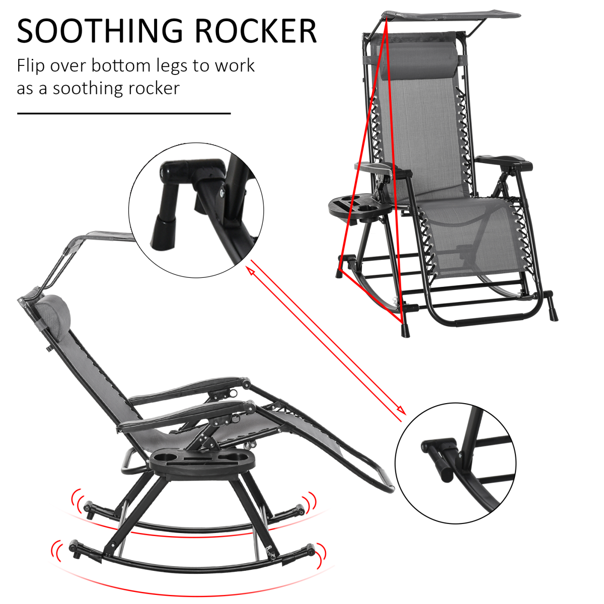 Grey Folding Outdoor Zero-Gravity Recliner Rocker Chair