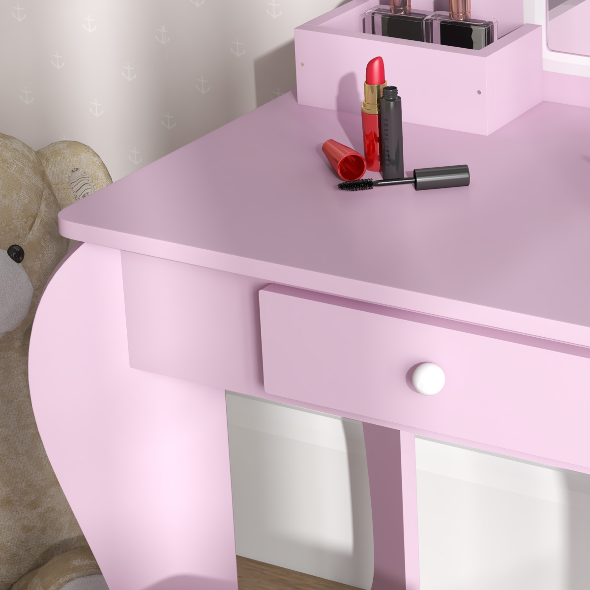 ZONEKIZ Kids Dressing Table Set with Mirror, Stool, Drawer Storage
