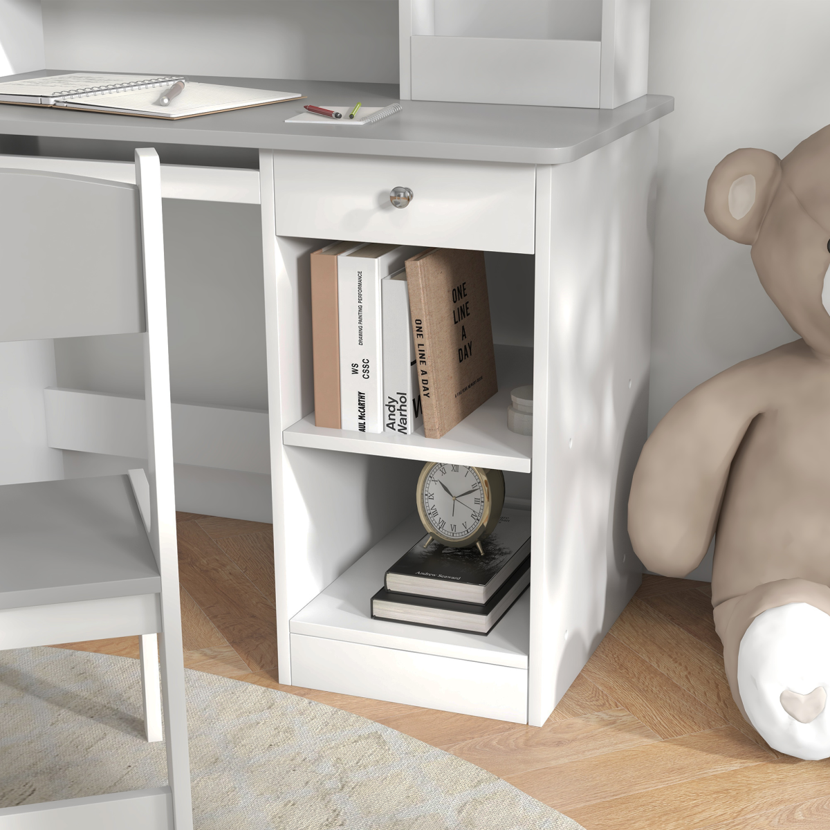ZONEKIZ Kids Desk and Chair Set with Storage for 5-8 Years, Grey