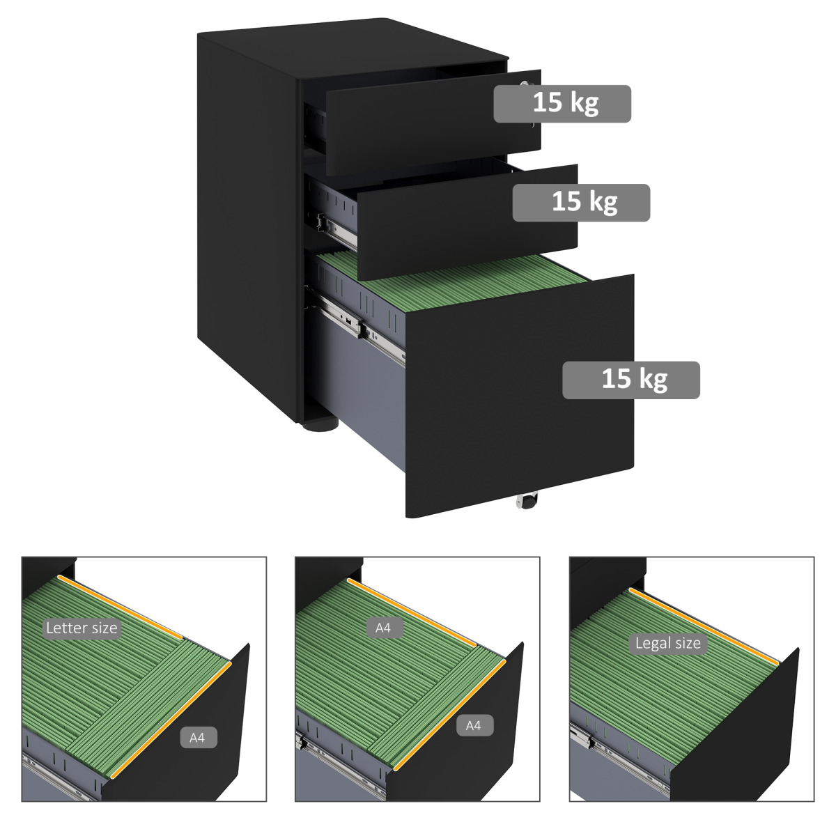 3 Drawer Steel Filing Cabinet with Lock, 4 Wheels, Compact Under Desk, Black