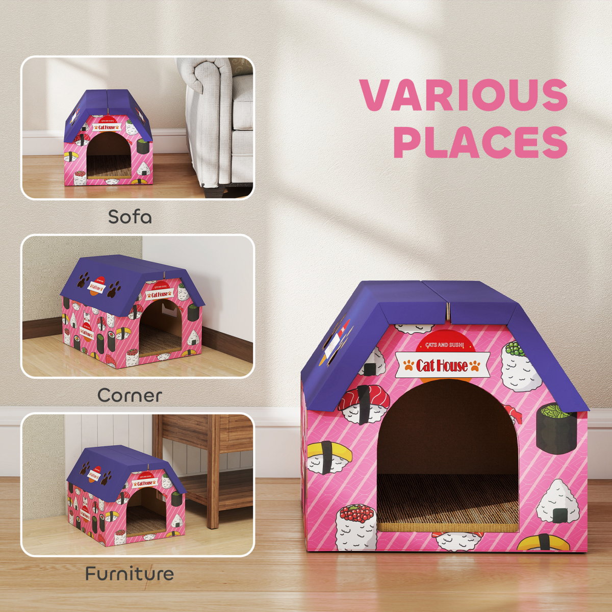 PawHut 2-in-1 Cat House & Scratcher with Cat Grass, Pink
