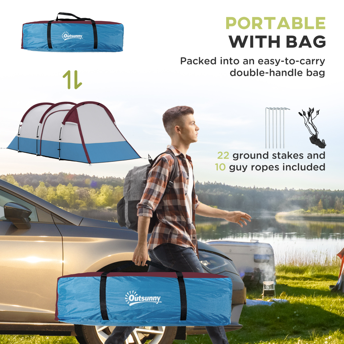 Outsunny 3-Person Camping Tunnel Tent with Bedroom and Living Room, Red