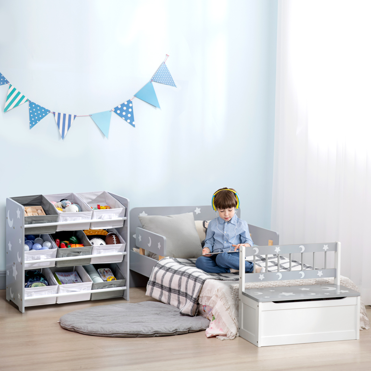 ZONEKIZ 9-Basket Storage Unit for Nursery Playroom, 3-Tier Kids Toy Storage, Grey