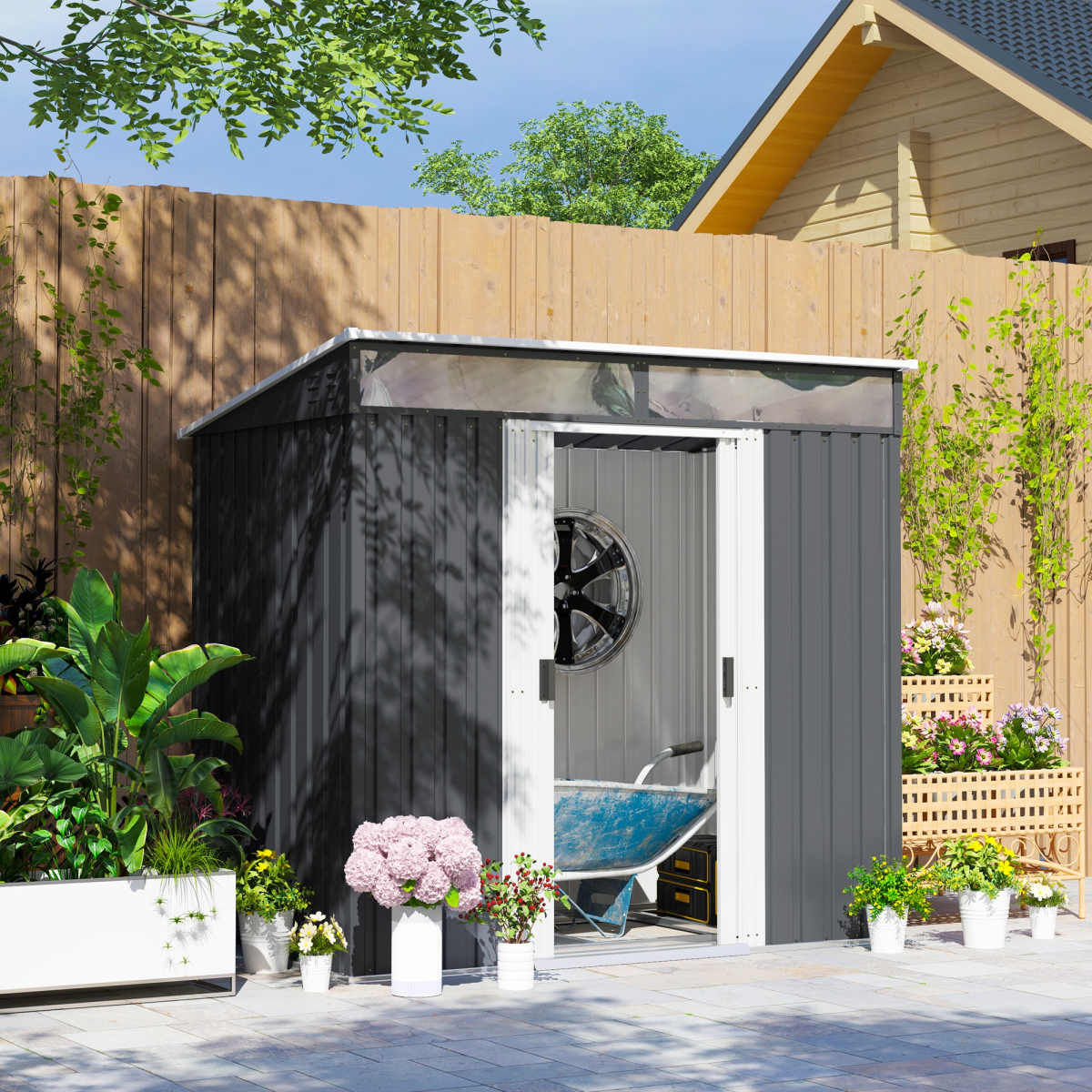 Outsunny 6.5 x 4 ft Lockable Metal Garden Shed with Foundation, Charcoal Grey