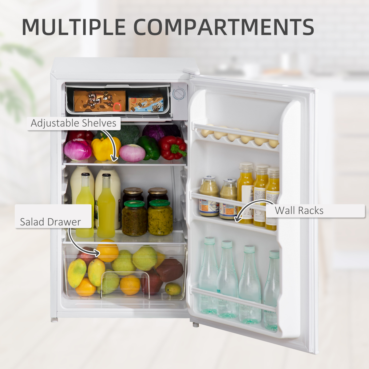 HOMCOM 91L Freestanding Under Counter Fridge with Chiller Box, Reversible Door, White