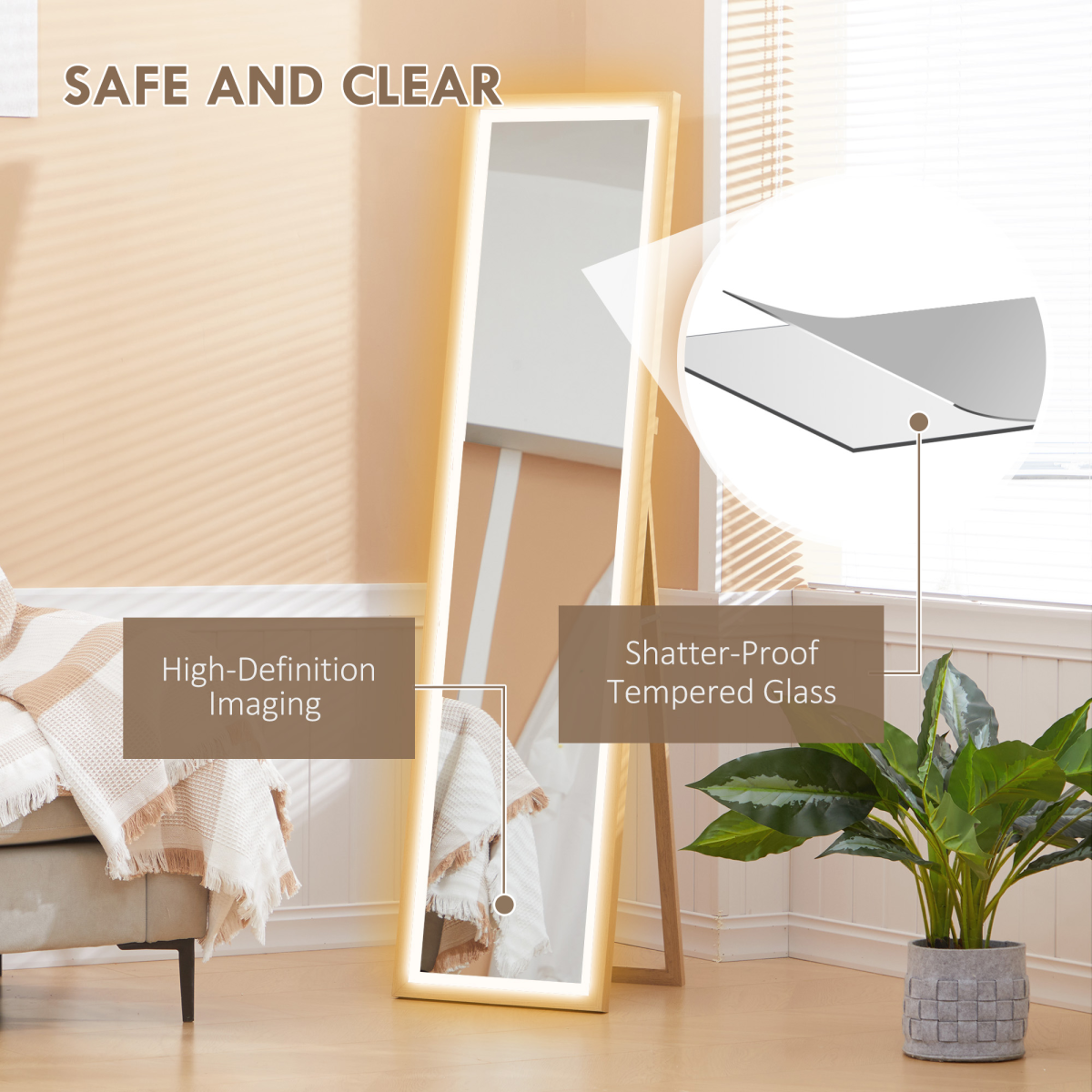 HOMCOM Full Length LED Dimming Mirror, Standing/Wall Mount, Oak