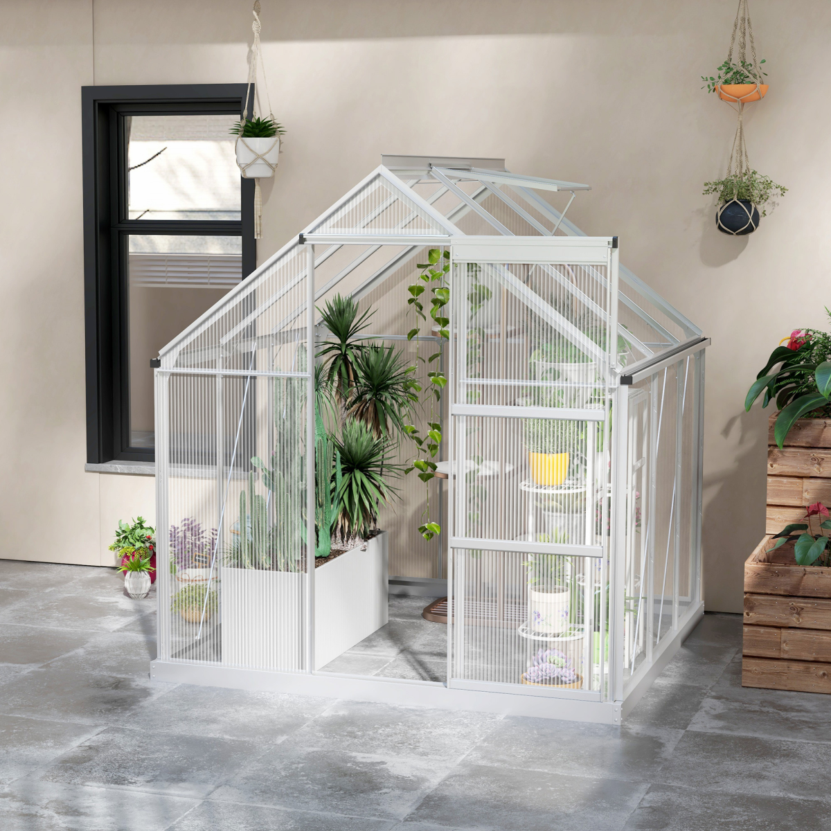 Outsunny 6 x 6 ft Walk-In Polycarbonate Greenhouse with Foundation, Sliding Door and Adjustable Window, Silver