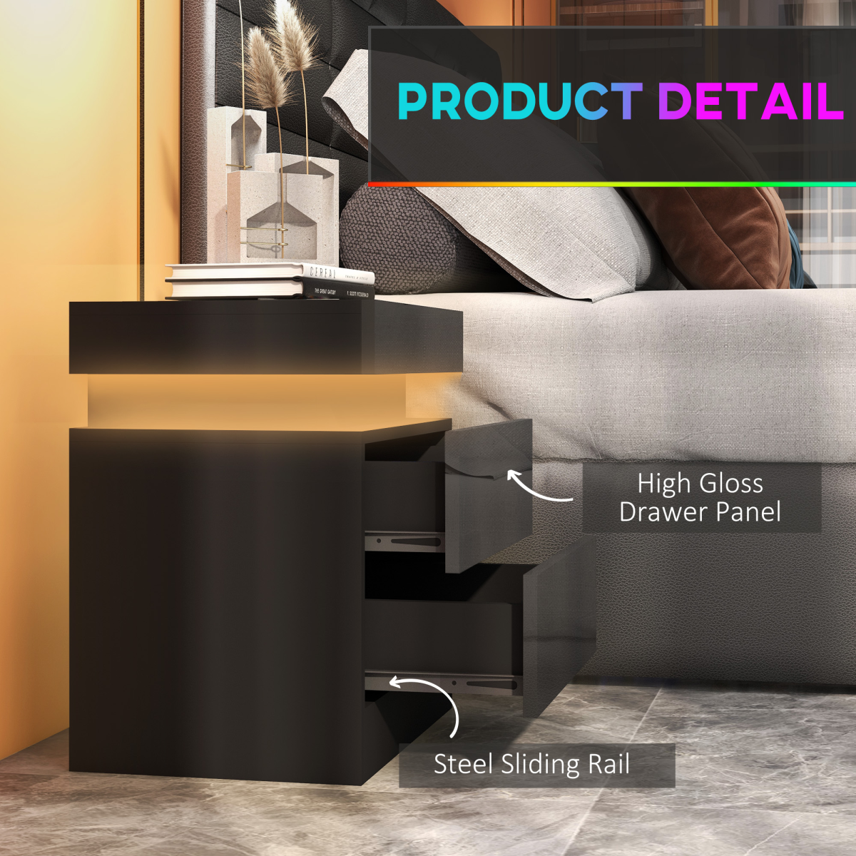 HOMCOM High Gloss LED Bedside Table with 2 Drawers, Black