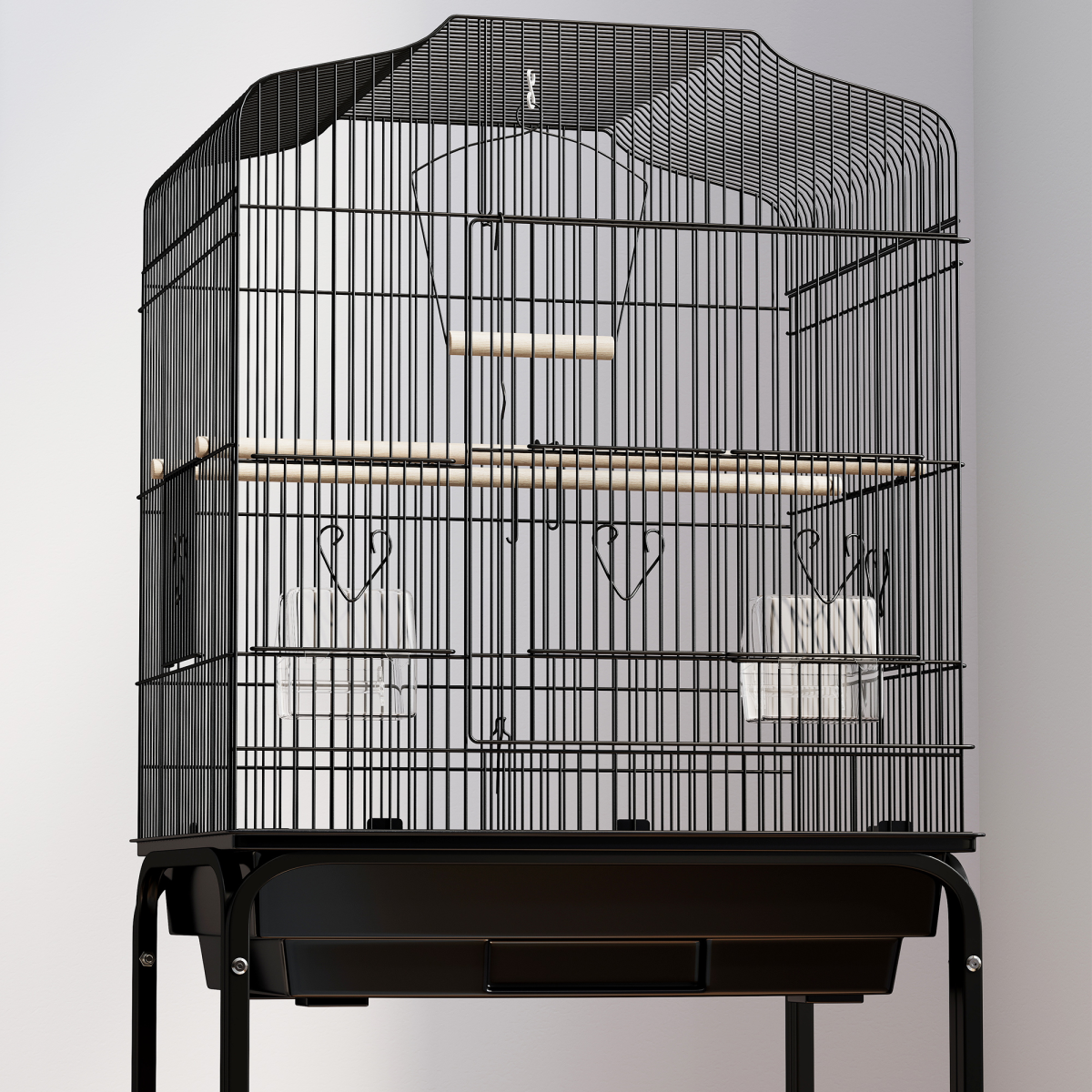 PawHut Bird Cage with Stand, Tray and Wheels for Small Birds, Black