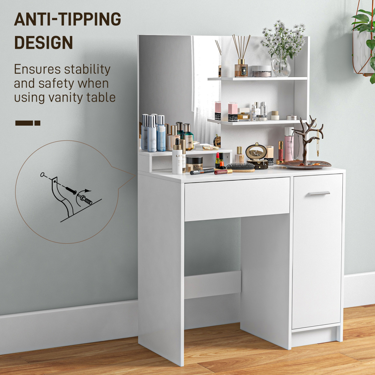 HOMCOM White Dressing Table Set with Mirror, Stool and Storage