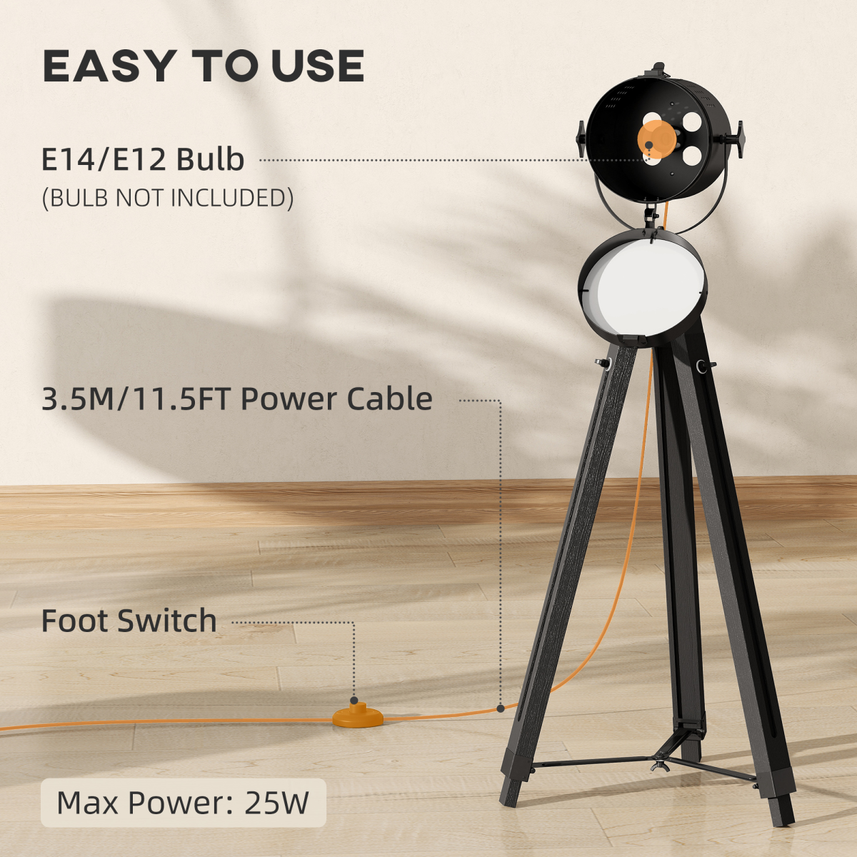 HOMCOM Industrial Adjustable Tripod Floor Lamp with Wood Base, Black