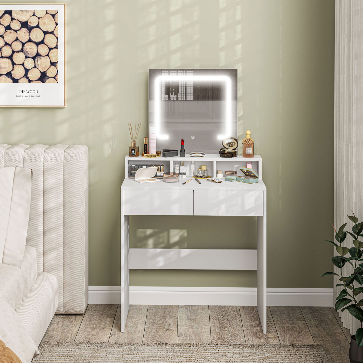 HOMCOM Dressing Table with Mirror, LED Lights, 2 Drawers, White