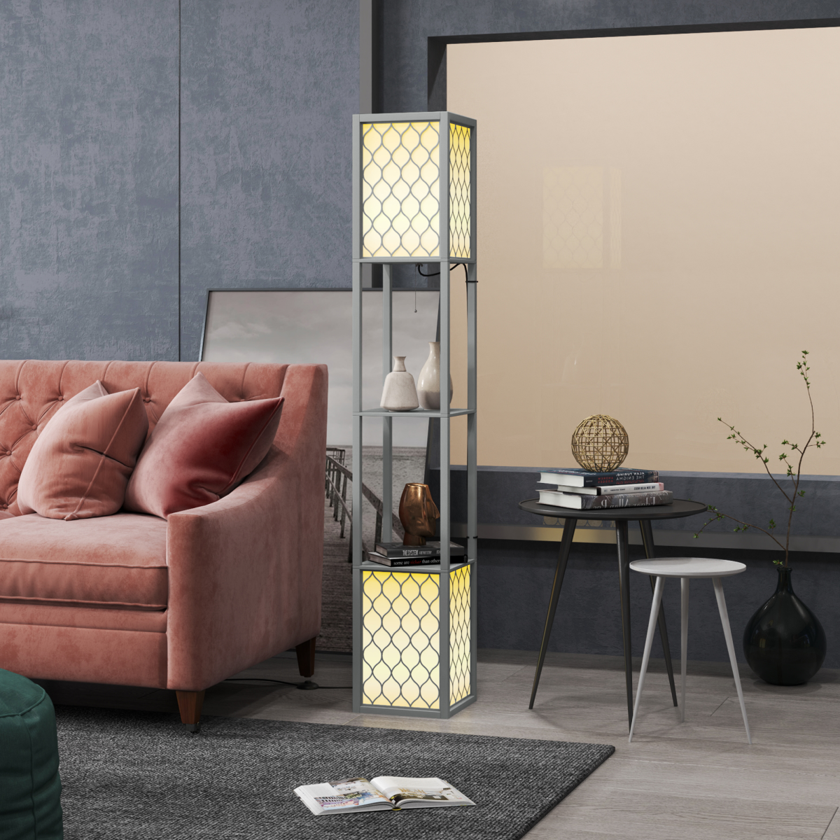 HOMCOM 2-Light Modern Floor Lamp with Shelves, Light Grey