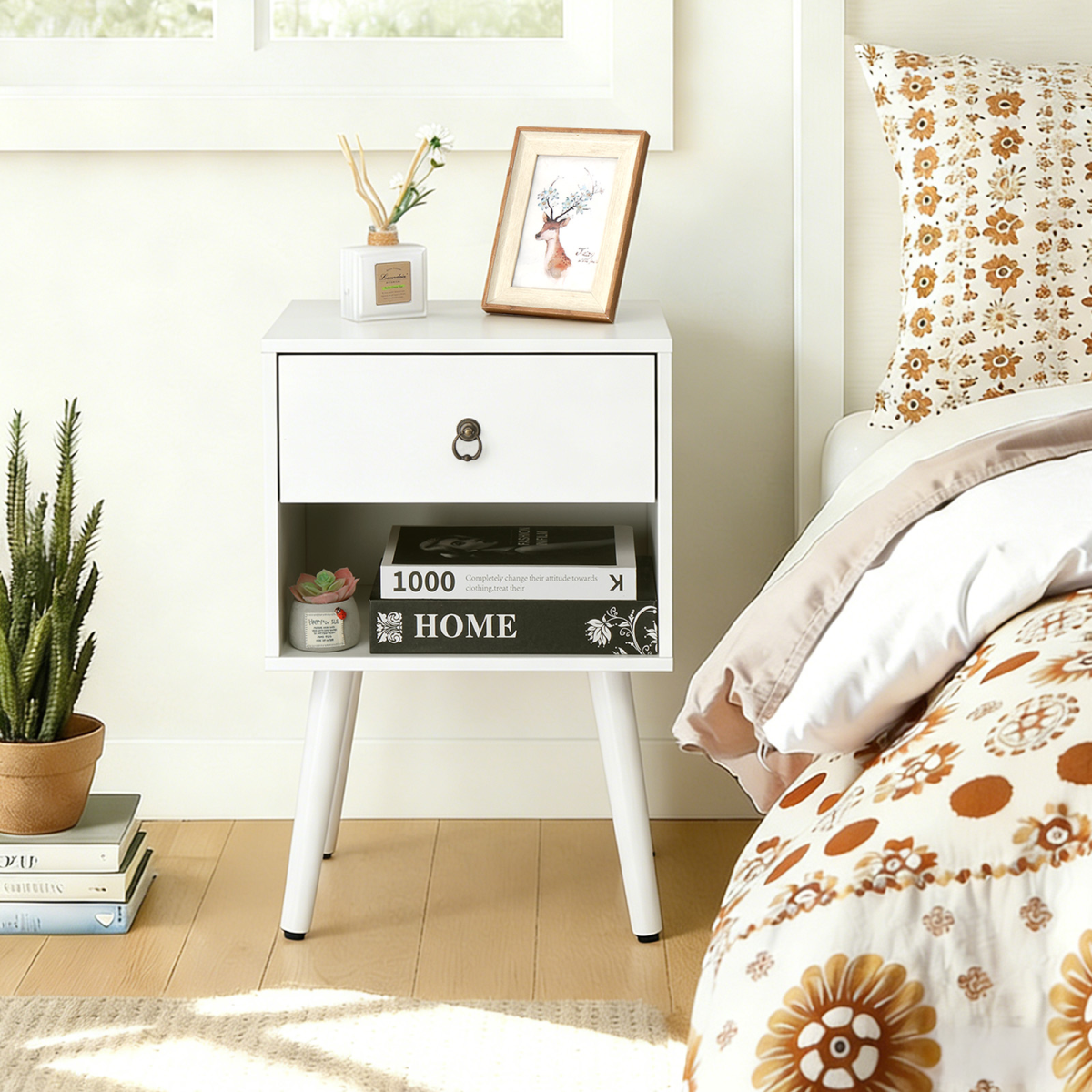 White P2 particleboard with solid wood legs, linen-textured melamine finish, and ring pull handle. 38*30*55cm. One drawer with a lower compartment. Bedside table. 1PC