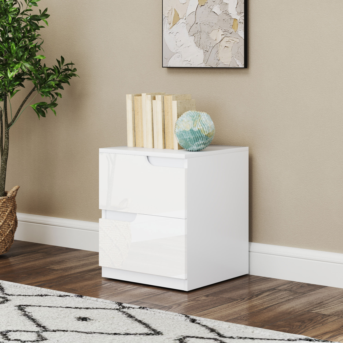 HOMCOM Modern White Bedside Table with 2 Drawers for Bedroom