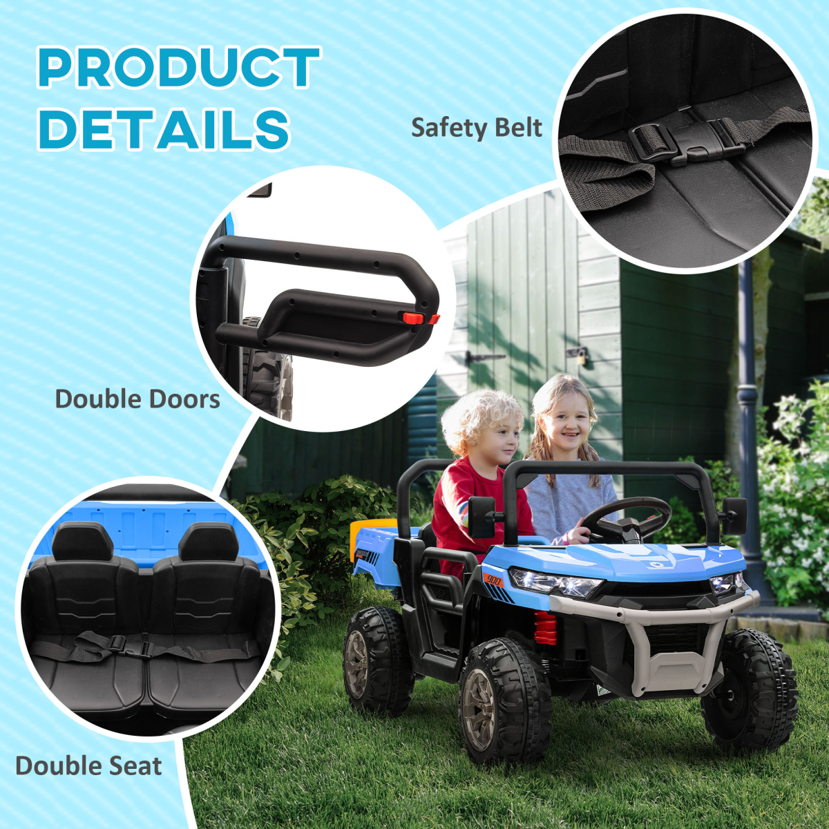 HOMCOM 12V Two-Seater Kids Electric Ride-On Truck, Blue and Black