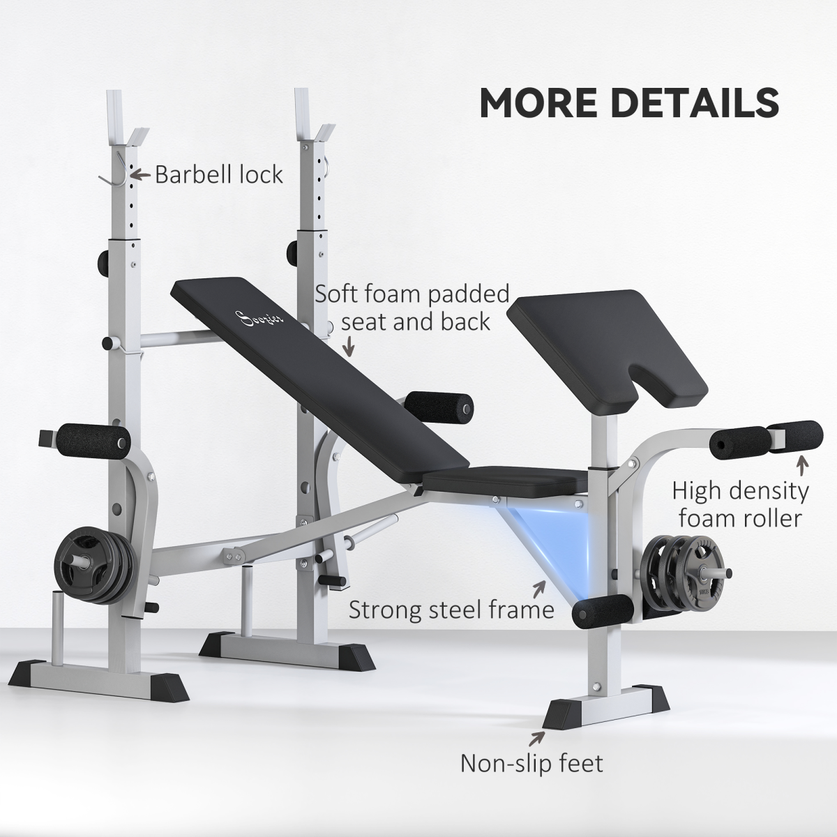 HOMCOM Adjustable Weight Bench with Squat Rack & Leg Developer, Grey