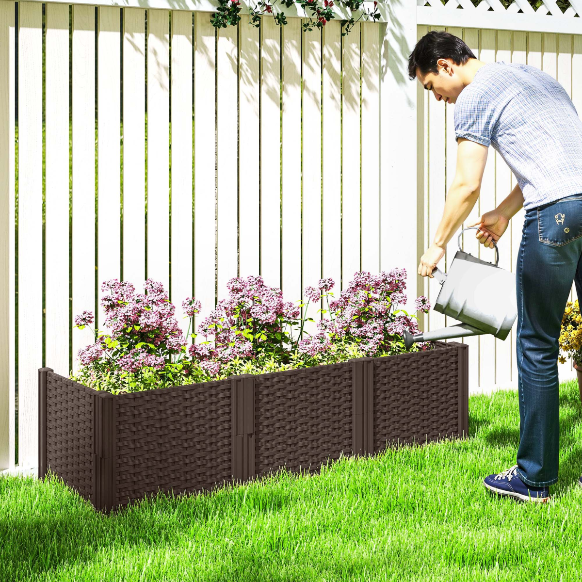 Outsunny Modular PP Raised Garden Bed Planter Box, Brown