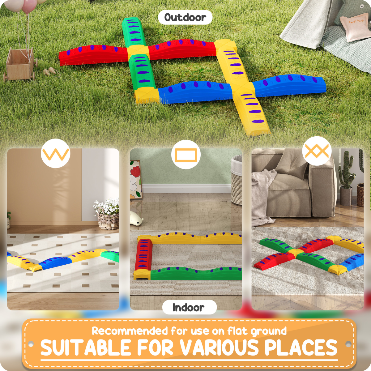 AIYAPLAY 12-Piece Kids Balance Beam Stepping Stones with Non-Slip Pads