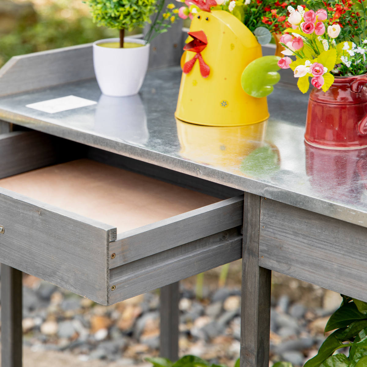 Outsunny Garden Potting Workstation Bench with Galvanized Metal Tabletop, Drawer, Shelves and Tool Hooks