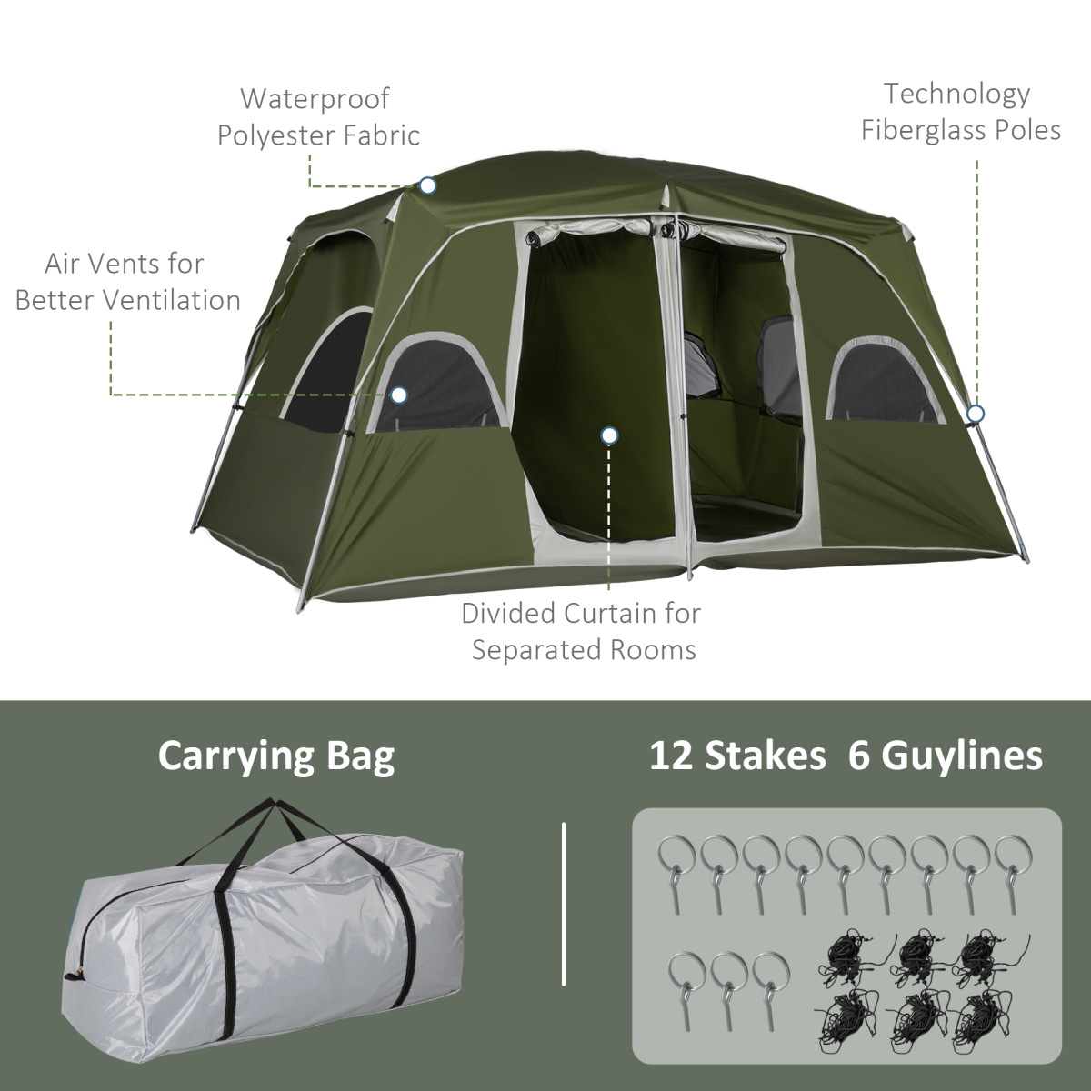 Outsunny Family Camping Tent, 4-8 Person, 2-Room, Easy Set Up, Green
