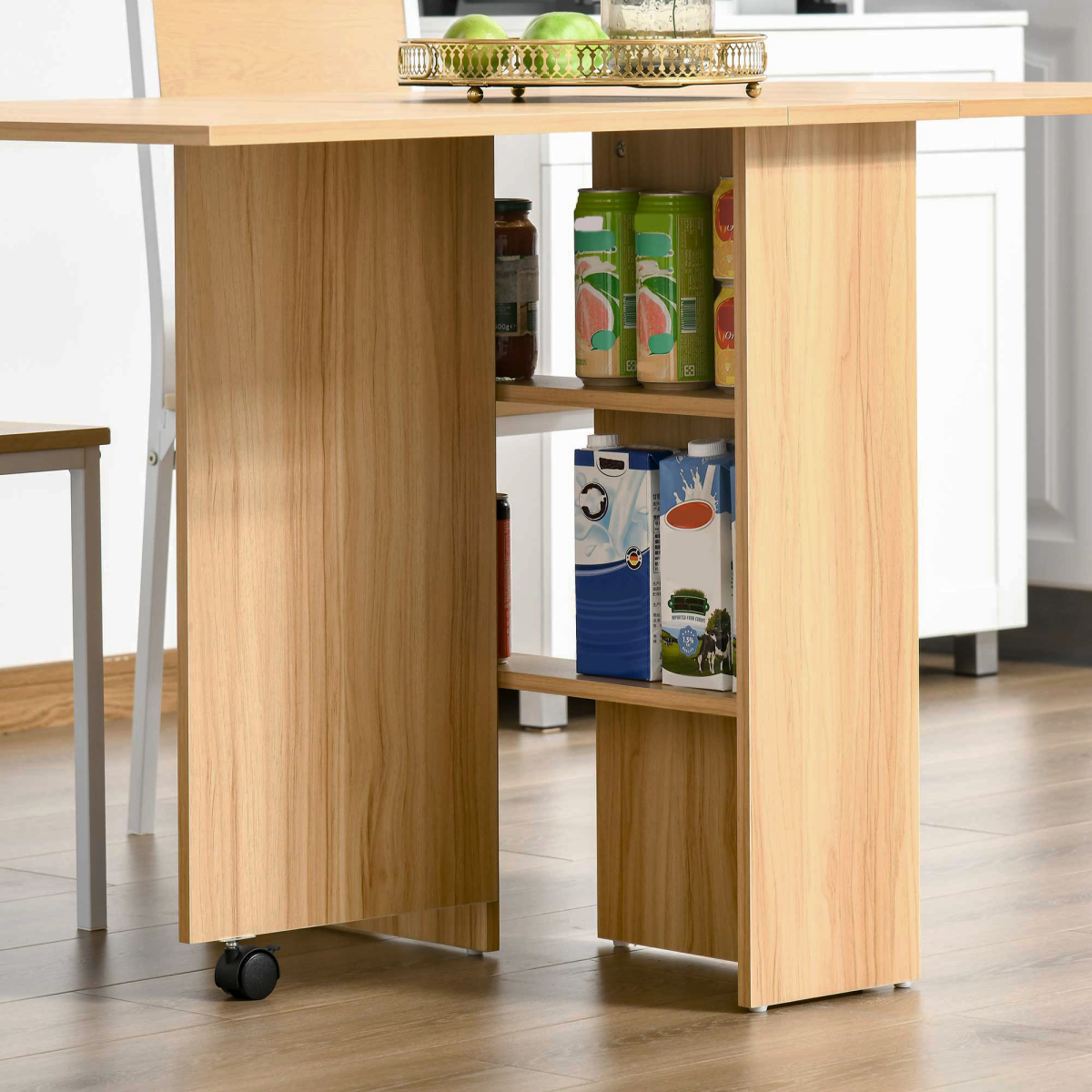 HOMCOM Foldable Dining Table with Storage Shelves, Teak