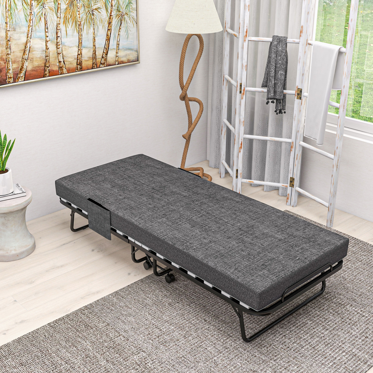 HOMCOM Foldable Guest Bed with Mattress, Lockable Wheels, Dark Grey