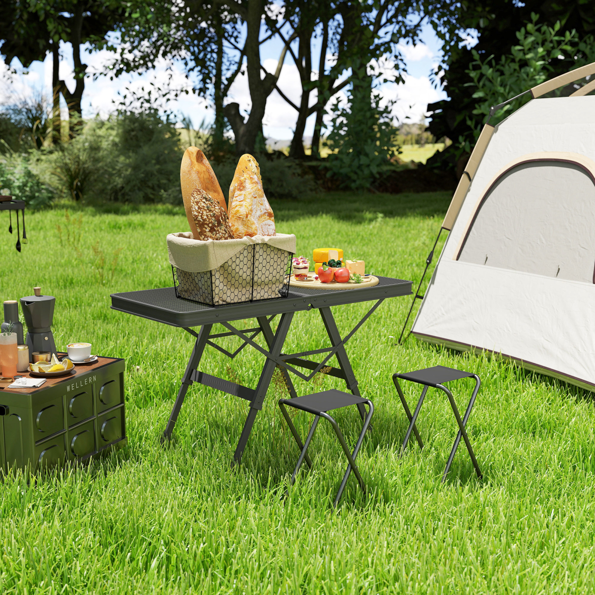 Outsunny Folding Camping Table with Adjustable Heights, Mesh Top
