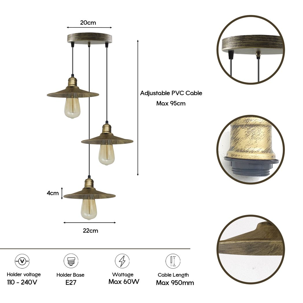 3 Head Vintage Industrial Brushed Brass Ceiling Pendant Easy Fit Light Metal 22cm Ceiling Lighting Shade