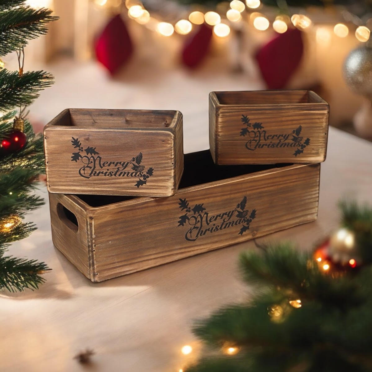 MSL Set of 3 Hand Finished Wooden Christmas Boxes 34/15/15cm