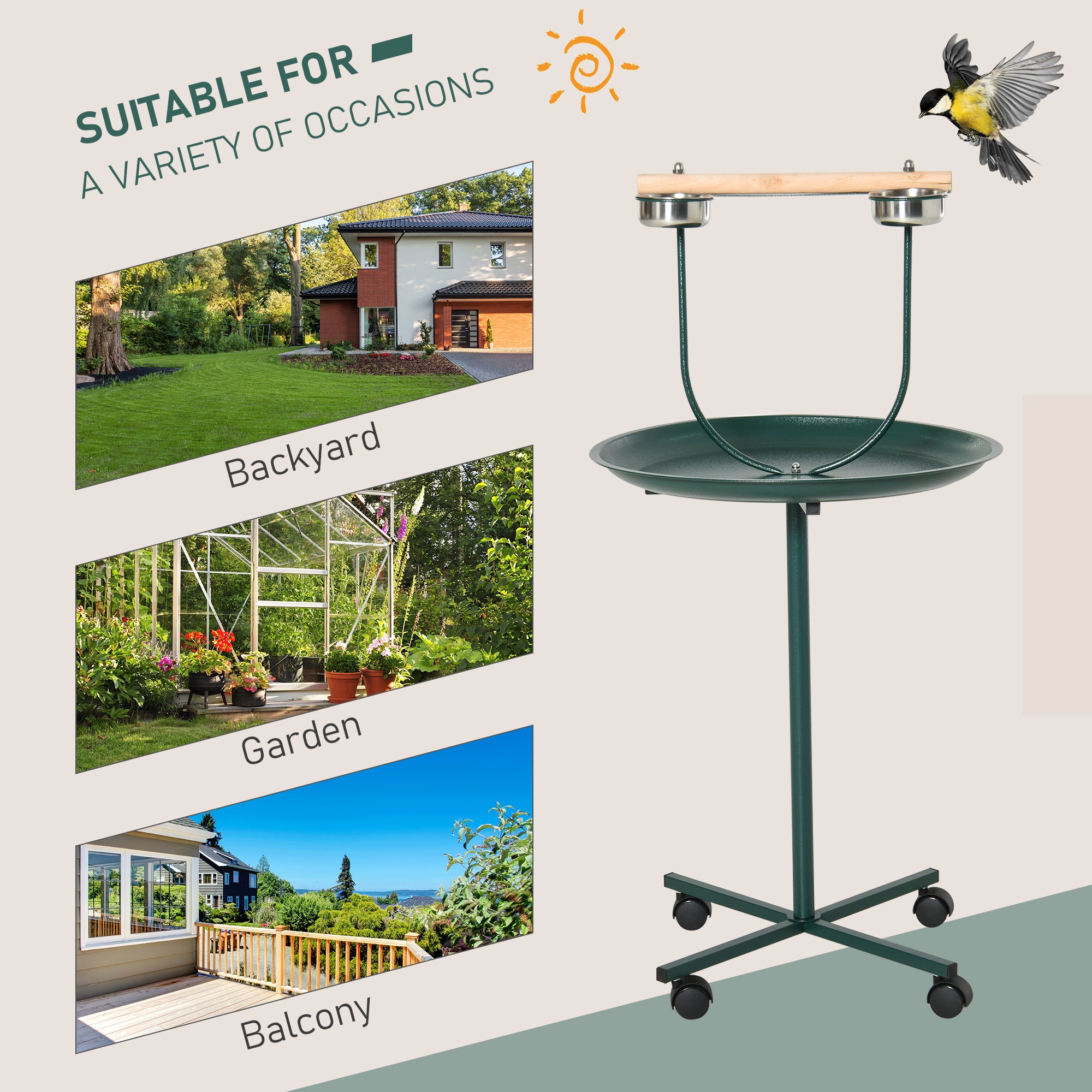 PawHut Bird Perch Stand T-Stand with Wood Perch, Tray, 2 Bowls, Wheels and Brake, Green