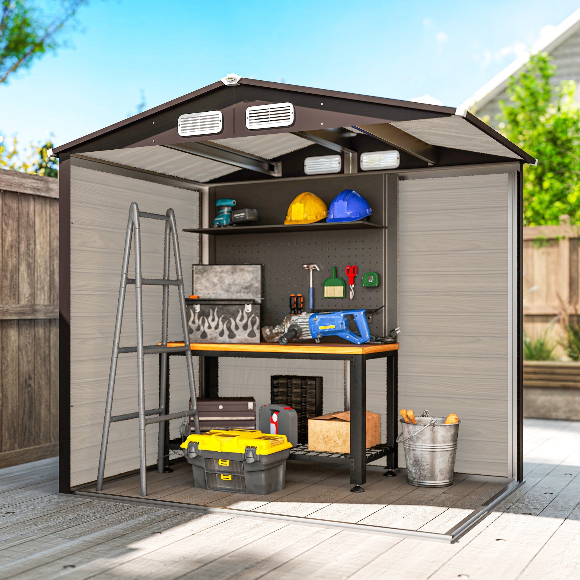 Outsunny 6.2 x 4.3ft Galvanised Steel Garden Storage Shed with Vent, Oak
