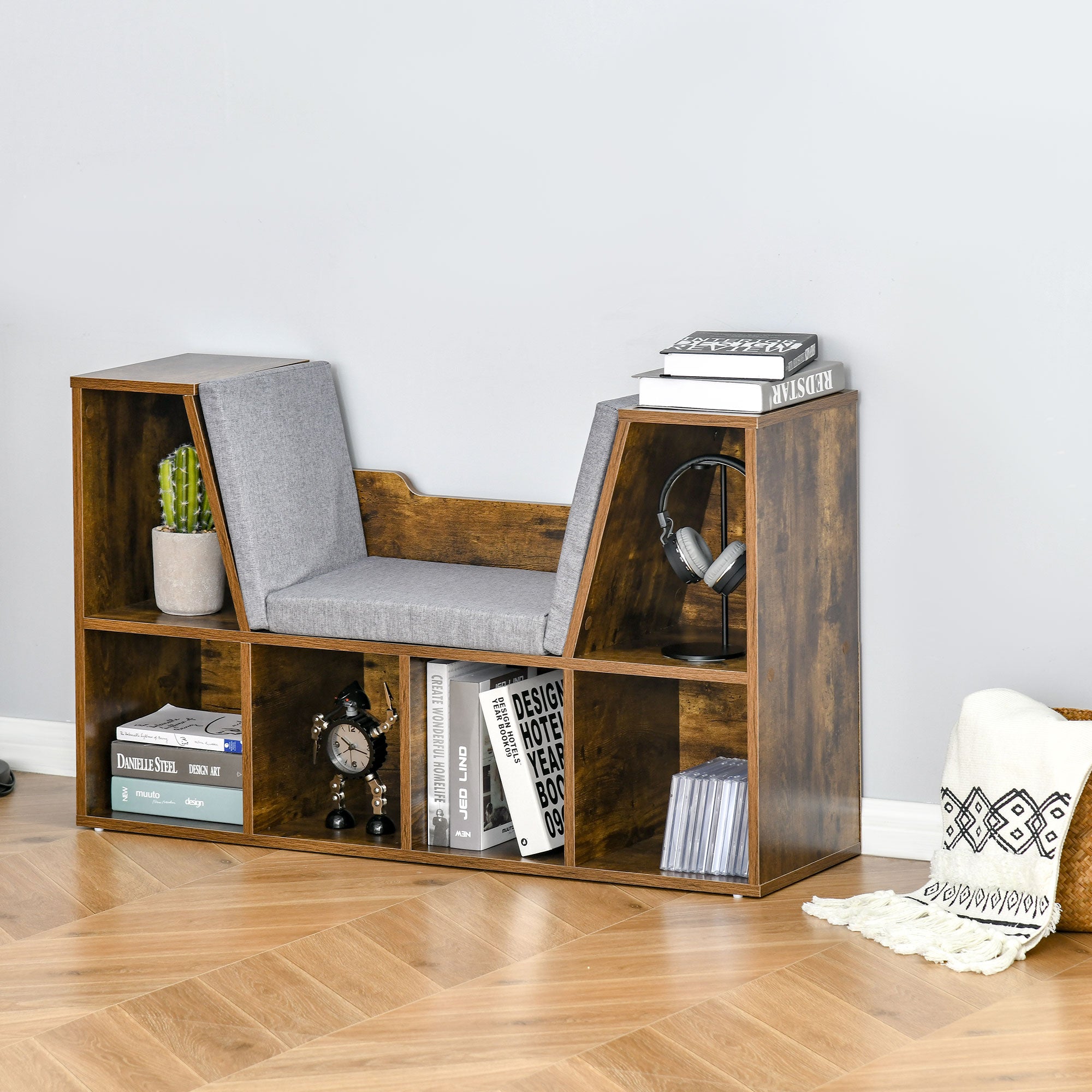 HOMCOM Kids Bookcase Storage Unit with 6 Cubbies and Padded Reading Seat, Brown