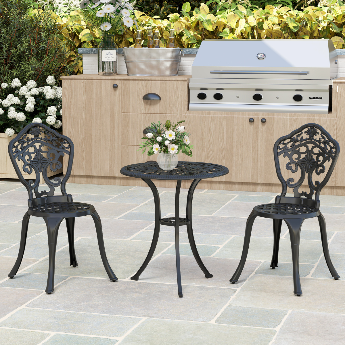 Outsunny 3-Piece Cast Aluminium Bistro Set with Parasol Hole, Black