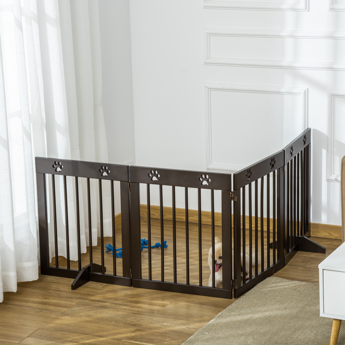 PawHut Freestanding 4-Panel Folding Wooden Dog Barrier with Support Feet