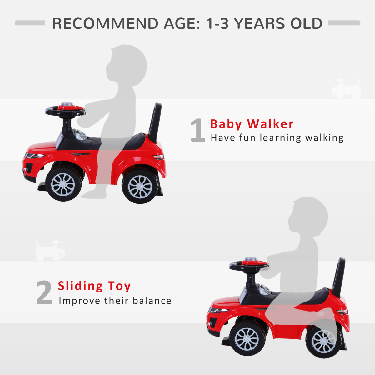 HOMCOM 3-in-1 Foot-to-Floor Ride On Car Toddler Slider with Steering Wheel and Horn, Red