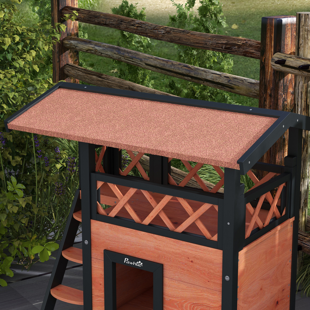 PawHut Outdoor Fir Wood Cat House with Balcony, Stairs & Roof