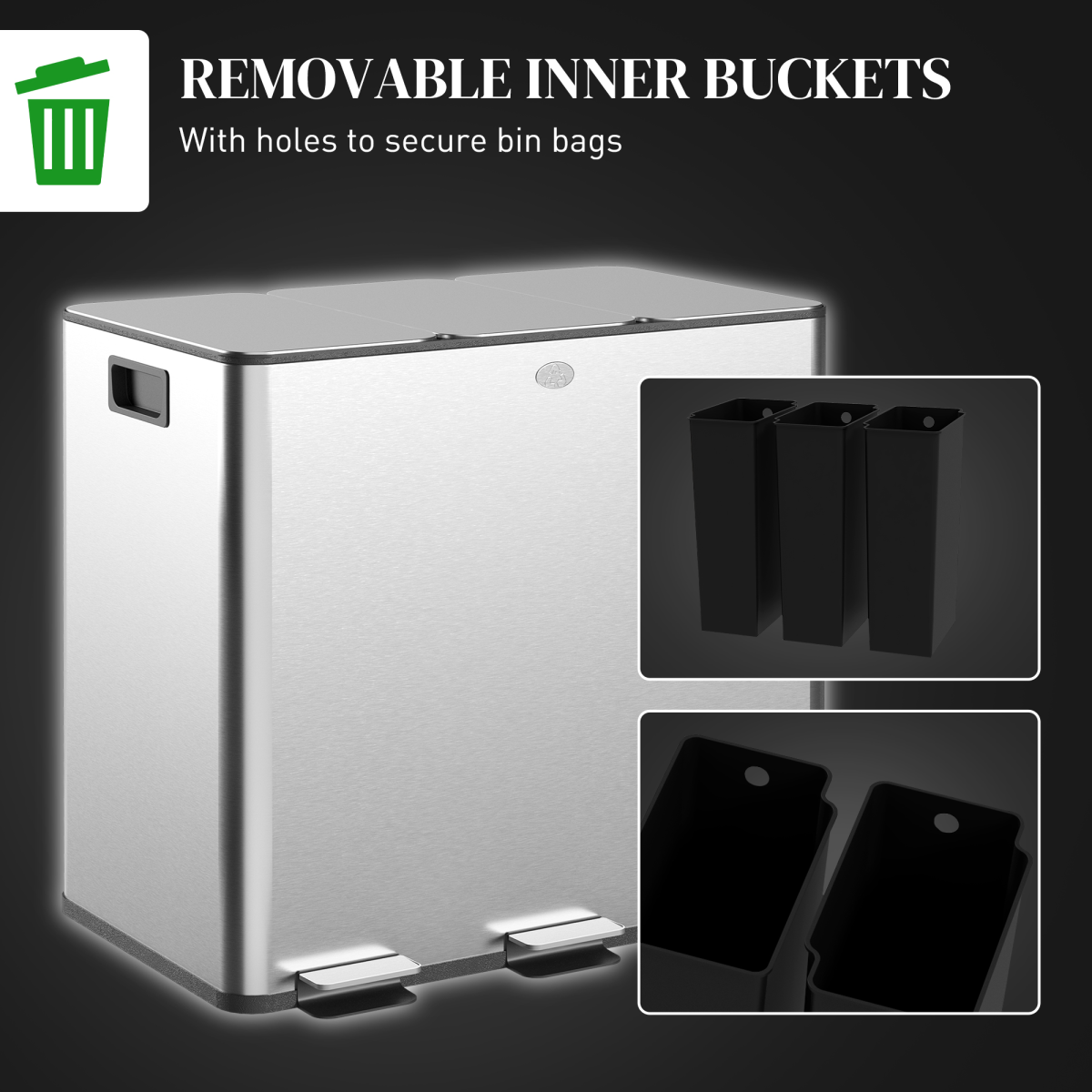 HOMCOM 45L Triple Kitchen Pedal Bin for Recycling and Waste, Silver