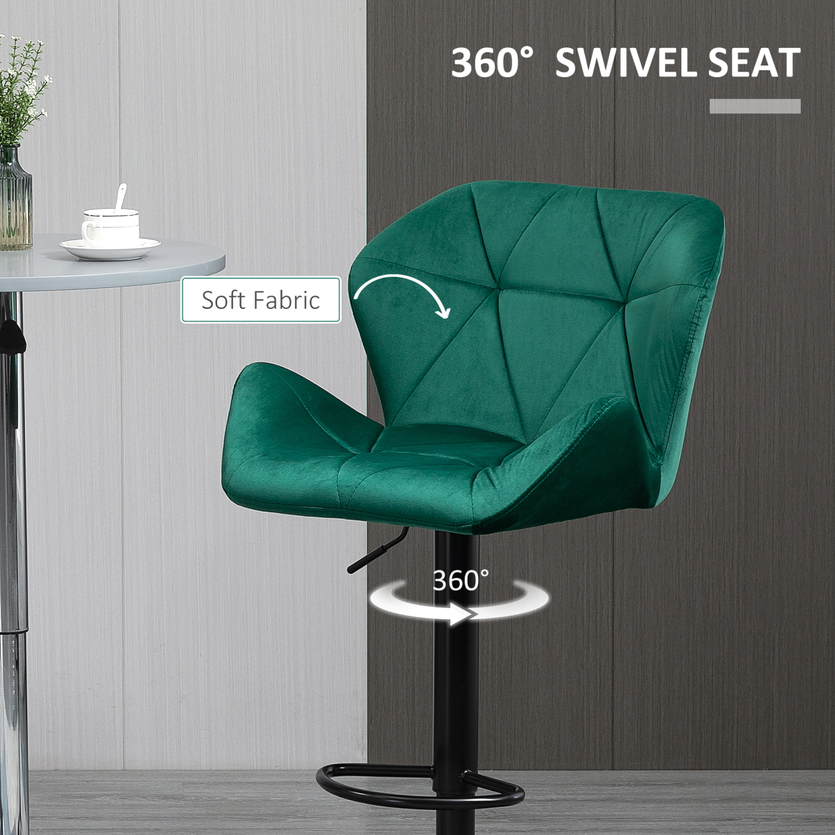 HOMCOM Set of 2 Adjustable Velvet Bar Stools with Footrest, Green