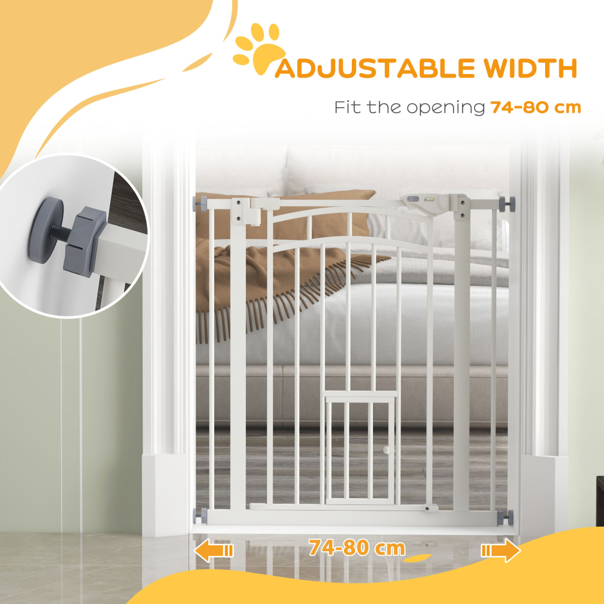 PawHut Adjustable Steel Pet Safety Gate with Cat Door, 74-80cm