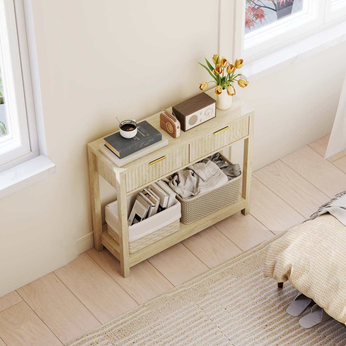HOMCOM Modern Console Table with Fluted Drawers and Shelf