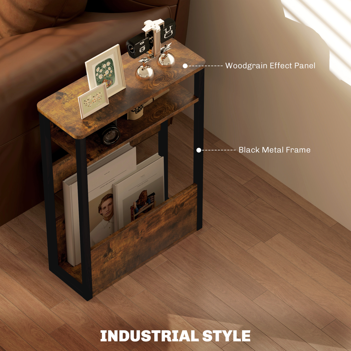HOMCOM Narrow Industrial Side Table with Storage, Rustic Brown