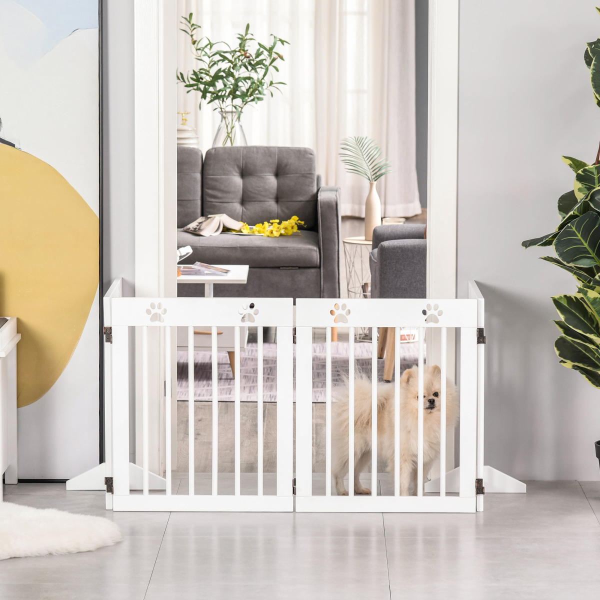 PawHut Freestanding 4-Panel Folding Wooden Pet Gate with Support Feet for Small Dogs