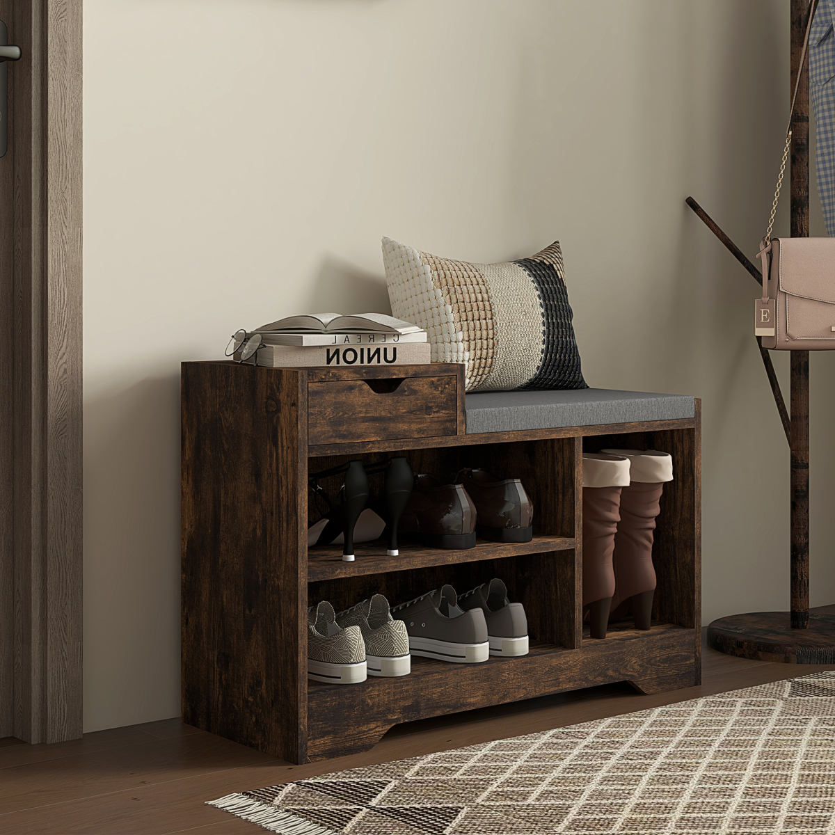 HOMCOM Upholstered Entryway Shoe Bench with Storage Drawer Open Shelf Brown