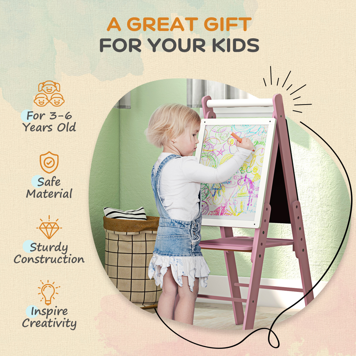 AIYAPLAY Kids Double-Sided Easel Whiteboard & Chalkboard with Paper Roll