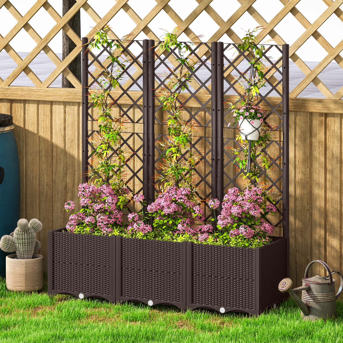 Outsunny Plastic Planter Box with Trellis and Drain Plugs