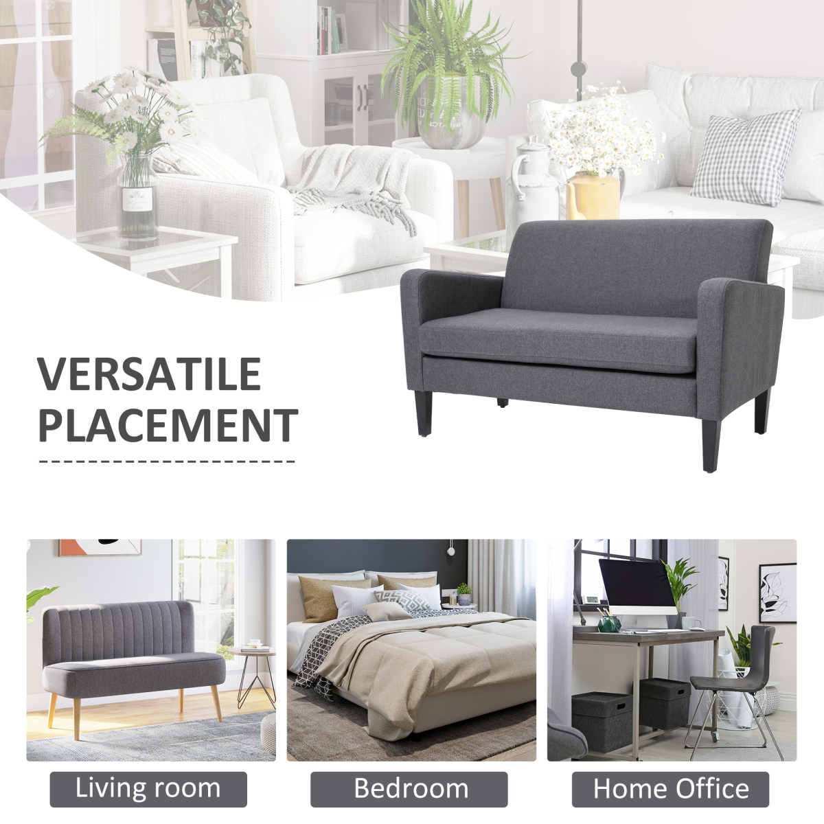 HOMCOM Grey Linen-Look 2-Seater Loveseat with Curved Arms, Slanted Back, Thick Cushion, Wood Legs