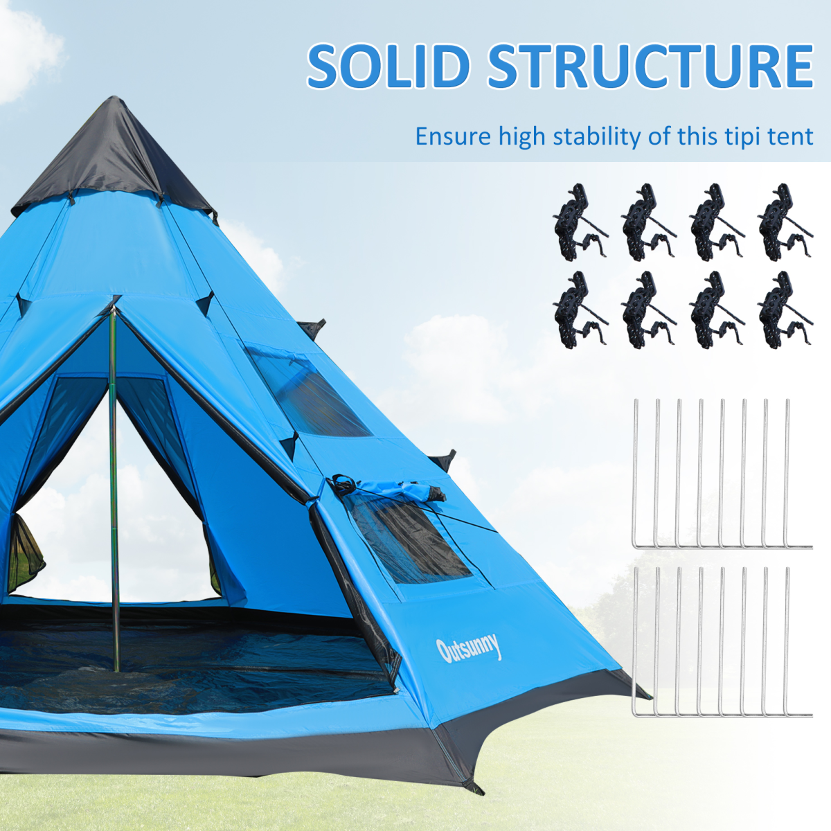 Outsunny 6-Person Large Family Tipi Camping Tent with Carry Bag and Mesh Windows