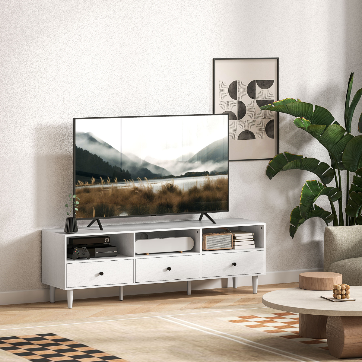 HOMCOM White TV Unit for Up to 75", 3 Drawers, 3 Shelves