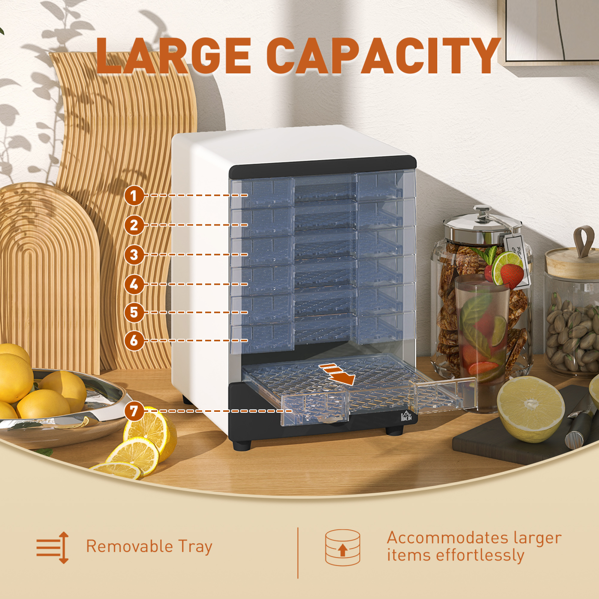 HOMCOM 7-Tray Stainless Steel Food Dehydrator for Fruit & Meat, White